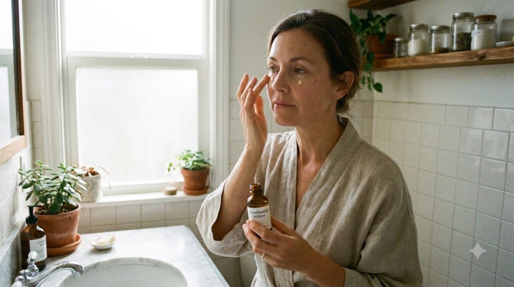 A woman gently applying a small amount of homemade serum to her face focusing on areas with fine lines Her skin looks hy