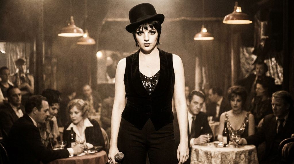 Liza Minnelli as Sally Bowles in the movie Cabaret wearing her signature costume and makeup looking directly at the view