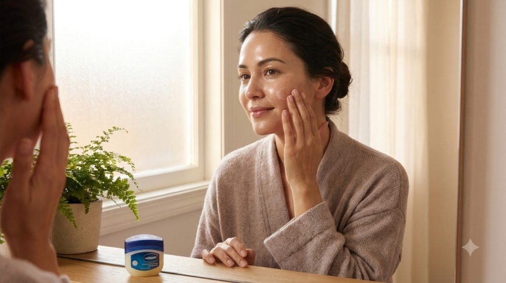 A woman gently patting a thin layer of Vaseline onto her face which has a dewy and radiant glow The setting is a cozy ba