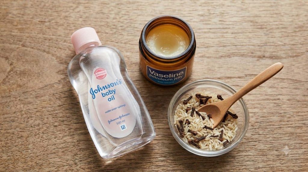 A flat lay of skincare ingredients a bottle of Johnson s baby oil an open jar of Vaseline and a small glass bowl contain