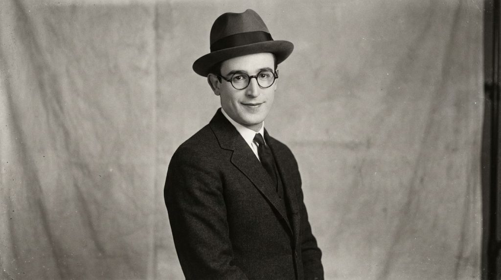 A real archival publicity photo of Harold Lloyd in his signature glasses and a suit looking directly at the camera with 