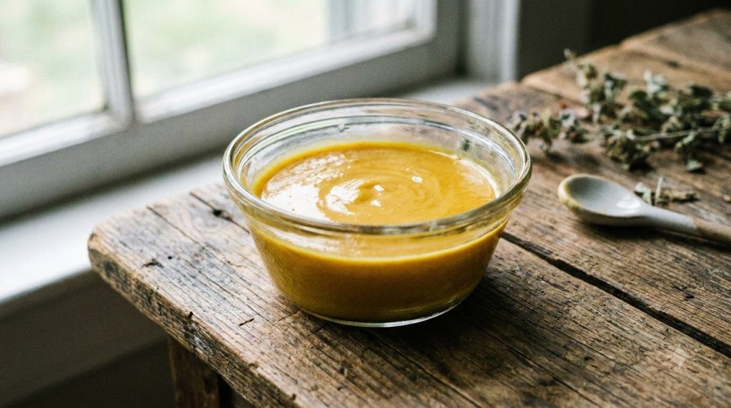 A close-up of a small glass bowl containing a yellow paste made from Vaseline lemon and turmeric ready for application t