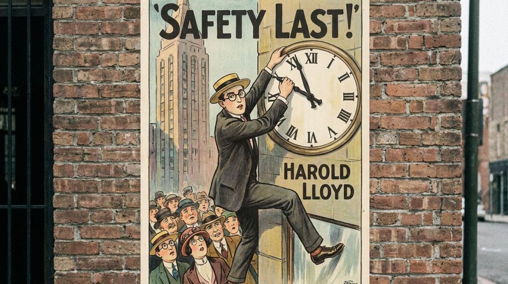 A real movie poster for Harold Lloyd s film Safety Last showing him hanging from a clock face