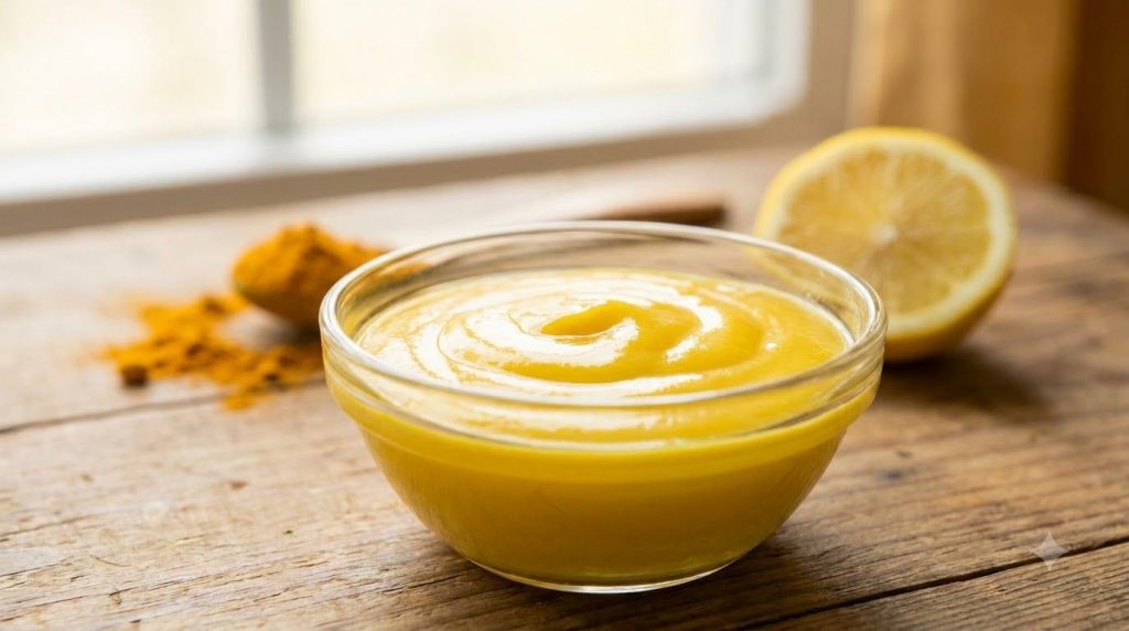 A close-up of a small glass bowl containing a yellow turmeric and Vaseline paste with turmeric powder and a lemon slice