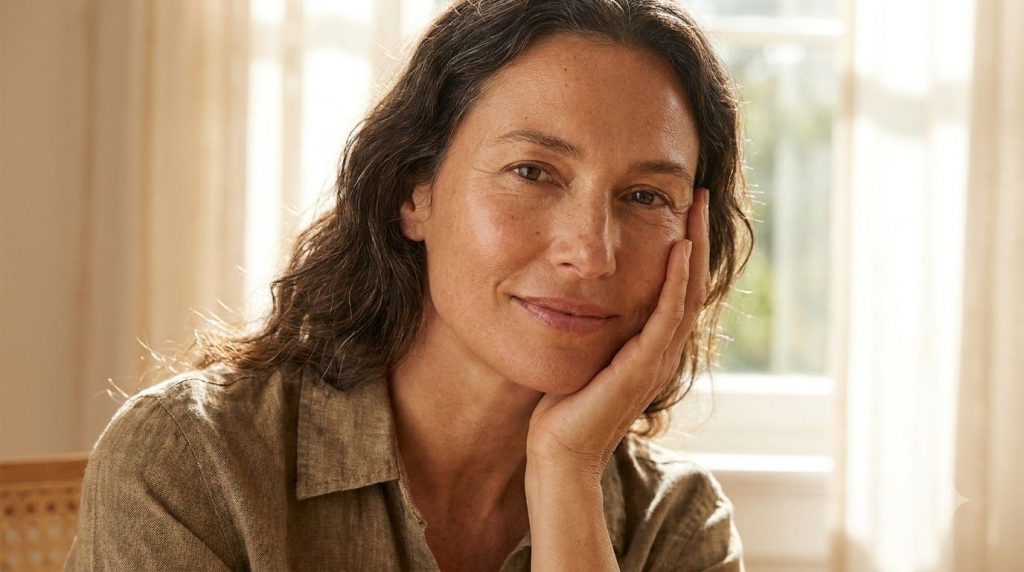 A woman smiling touching her glowing clear skin implying a successful result from the skincare routine She looks confide