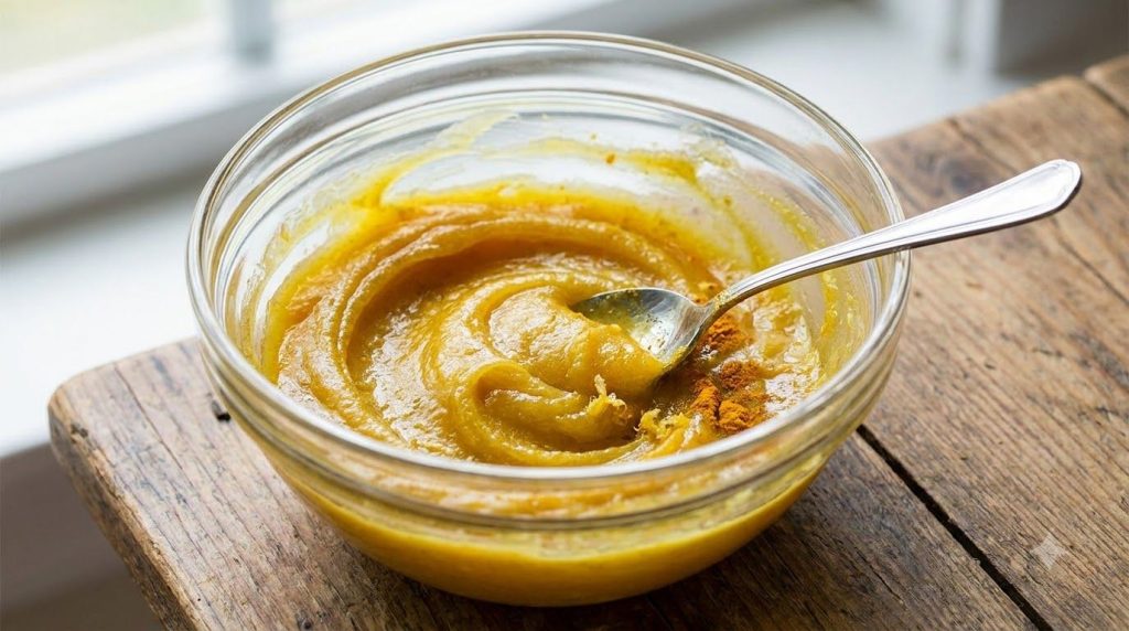 A close-up of a small glass bowl containing a yellow mixed paste of Vaseline lemon and turmeric with a stirring spoon Th