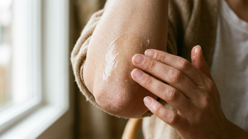 A hand applying a clear glossy Vaseline and baby oil blend onto a person s dry elbow showing hydrated skin