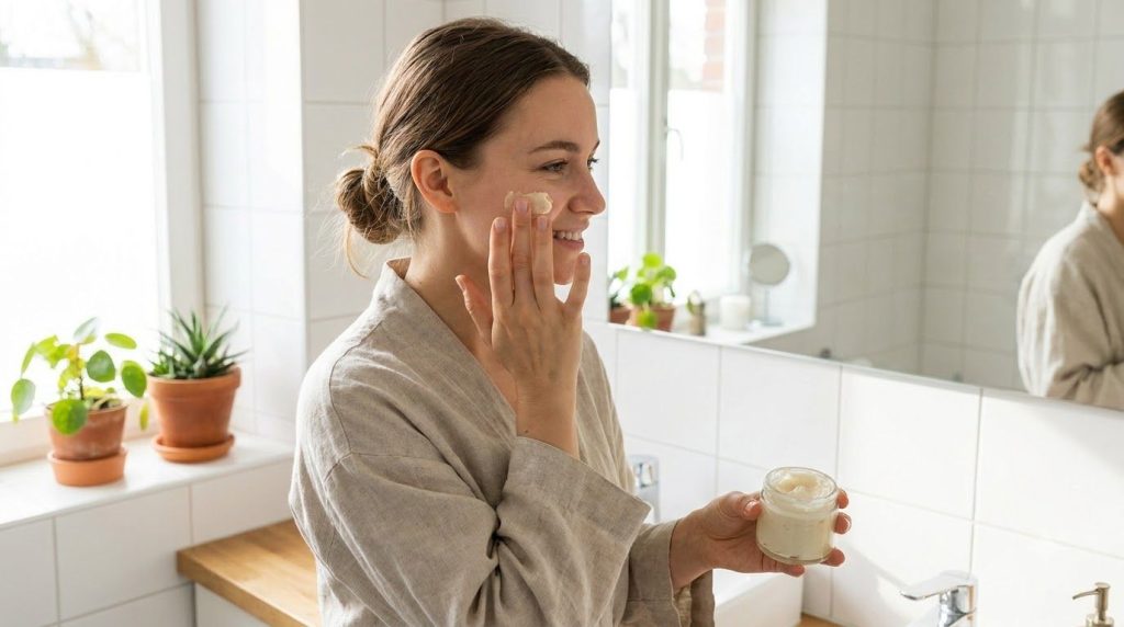 Una mujer joven aplicando una crema facial en su rostro con movimientos suaves en un ambiente relajado y con buena ilumi