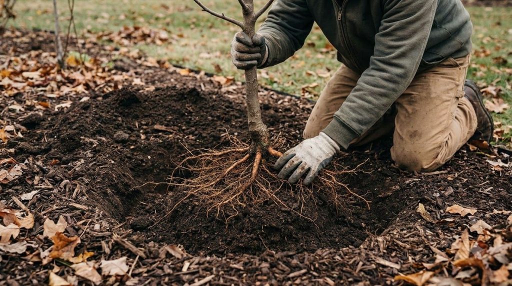 A gardener planting a bare-root fruit tree in a prepared hole with the root flare visible and roots fanned out The groun