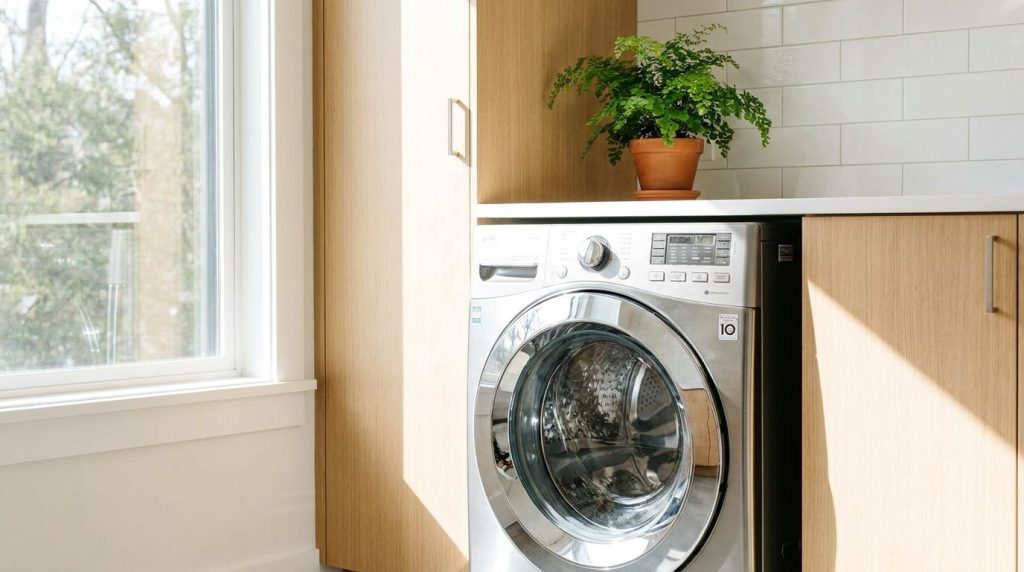 A clean shiny washing machine interior with sparkling drum and a fresh green plant nearby