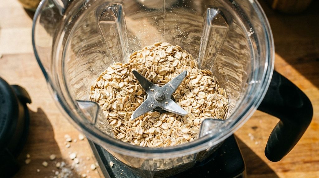 A blender with rolled oats inside ready to be blended into oat flour