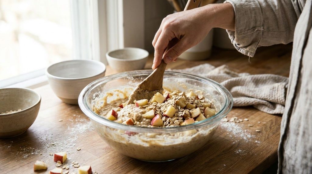 Chopped apples being gently folded into the mixed apple-oat bread batter in a bowl