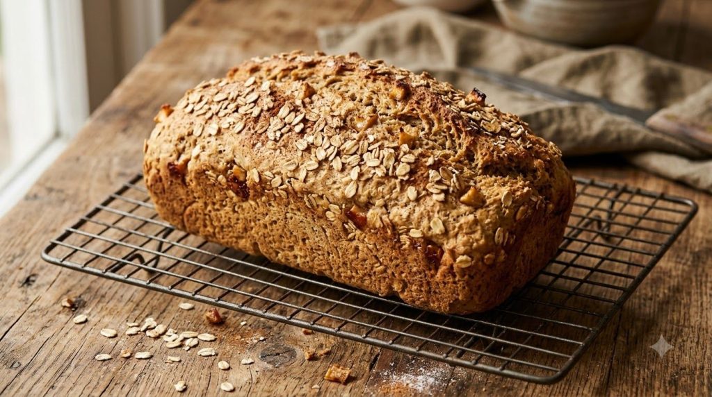 A freshly baked apple-oat loaf bread cooling on a wire rack