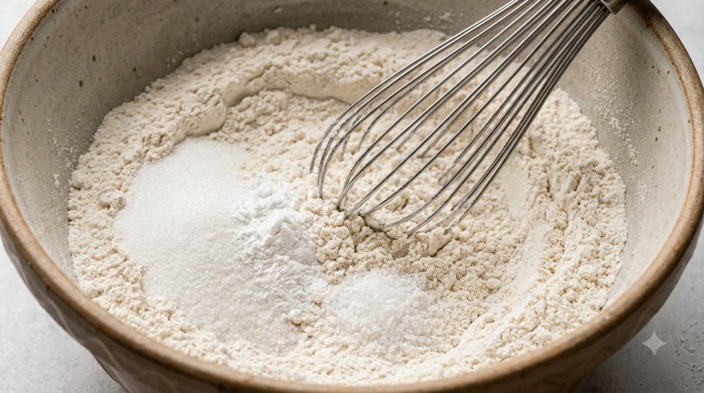 A bowl of dry ingredients for blueberry loaf including flour sugar and baking powder being whisked together
