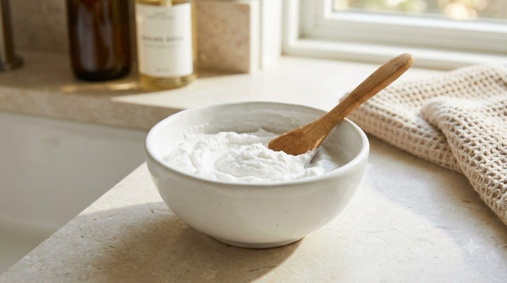 A close-up of a small bowl containing a homemade baking soda paste with a spoon ready for a DIY facial scrub The backgro