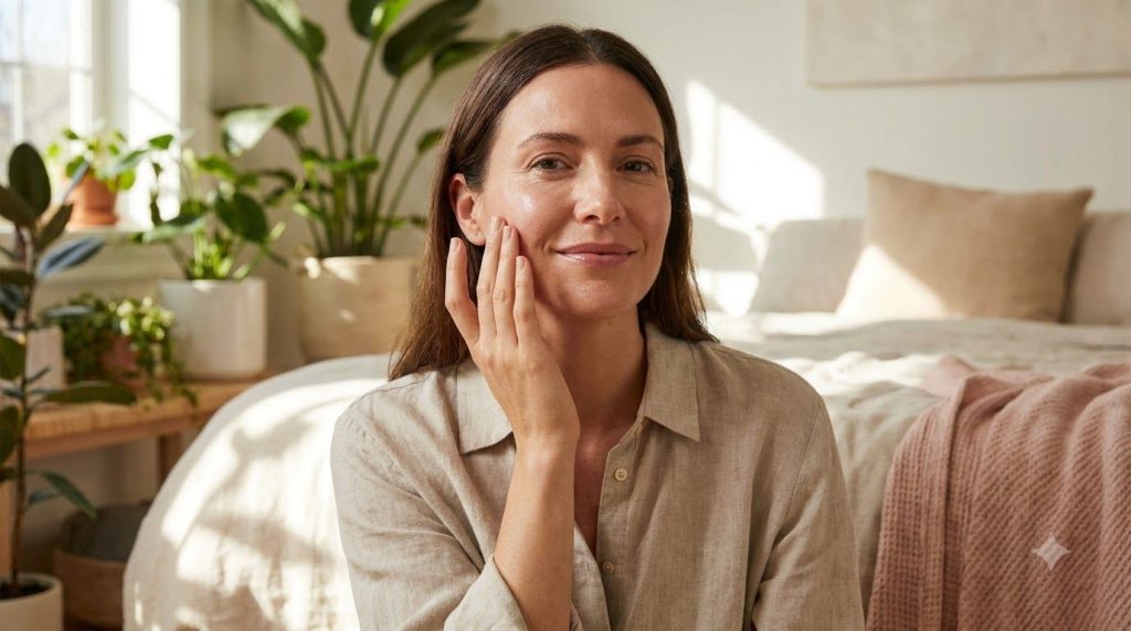 A woman gently touching her smooth glowing cheek with a serene expression bathed in soft natural light