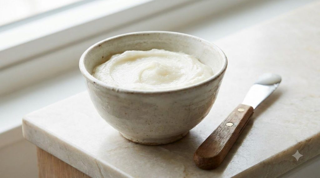 Close-up of a small bowl with a DIY face mask mixture made from Vaseline and baking soda with a spatula