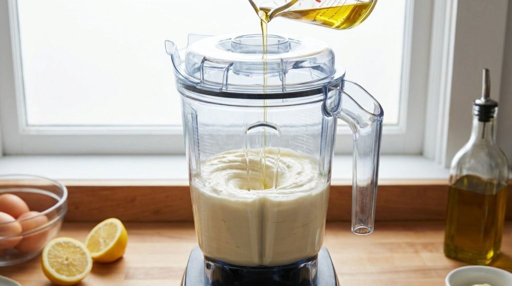 A regular blender starting to emulsify mayonnaise showing the oil being slowly incorporated into the egg mixture