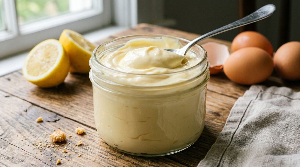 A jar of freshly made creamy homemade mayonnaise with a spoon dipping into it showing its thick texture