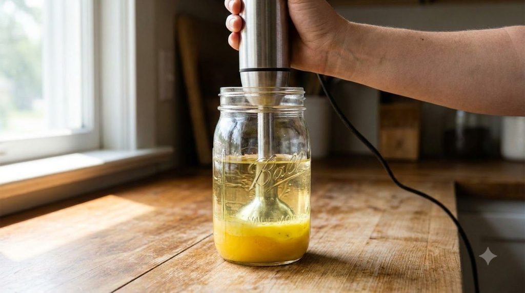 An immersion blender being placed into a jar containing the egg lemon juice mustard and oil with the oil layered on top