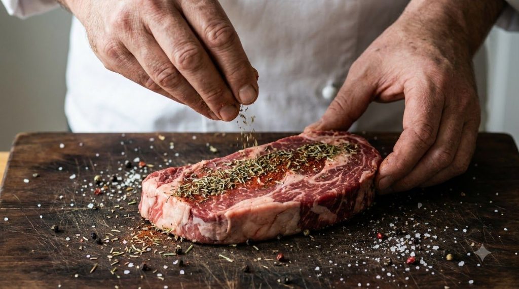 A chef s hand sprinkling a mixture of dried herbs and spices over a raw piece of meat e g chicken breast or steak on a c