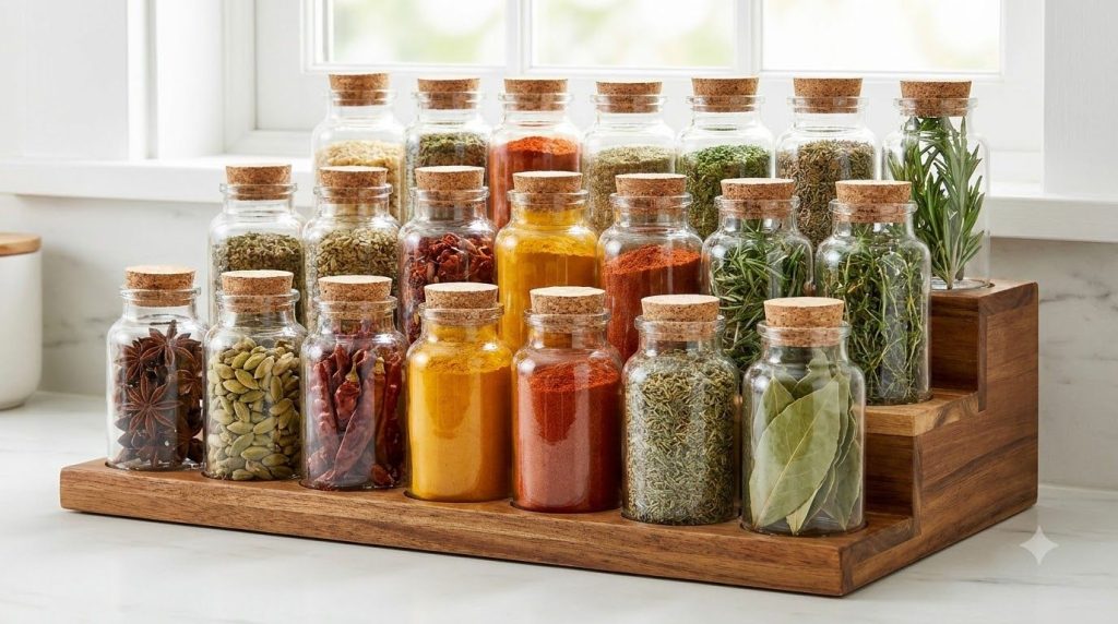 A variety of spices and herbs neatly organized in a spice rack or on a kitchen counter showing different colors and text