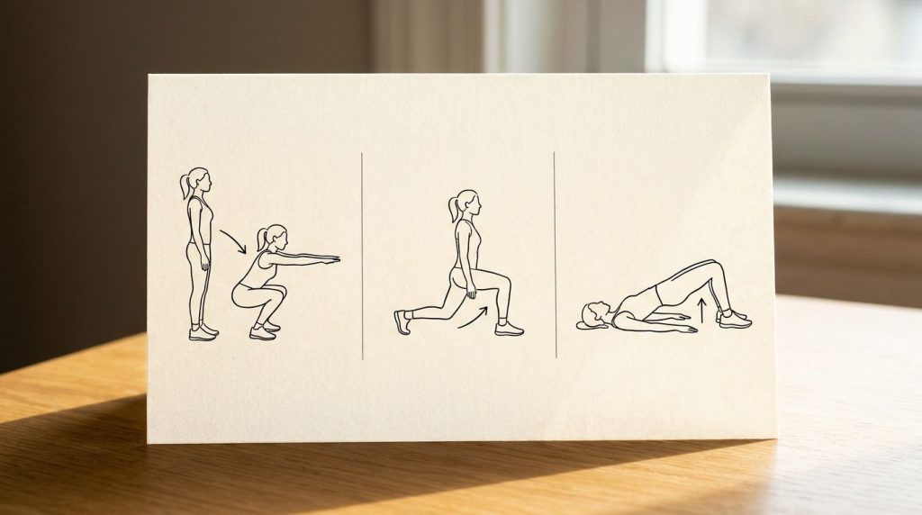 A visual guide illustrating the correct posture for several at-home leg exercises like squats lunges and glute bridges p