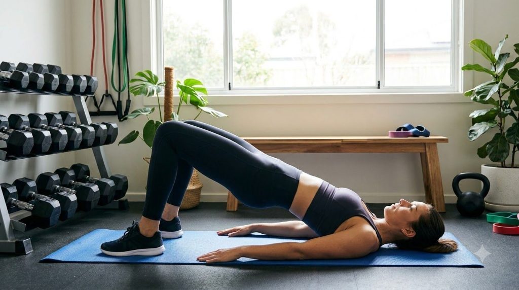 A person demonstrating a simple glute bridge exercise on a yoga mat