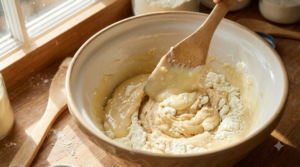 A large mixing bowl containing powdered milk and sweetened condensed milk being mixed together with a spatula forming a 