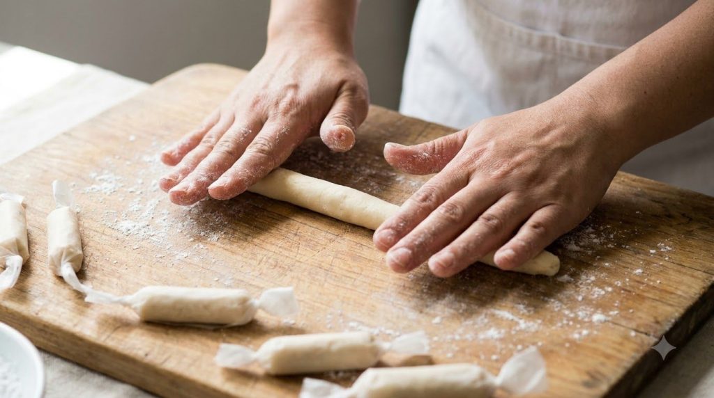 Hands rolling a portion of milk candy dough into a small log shape demonstrating the shaping process for pastillas