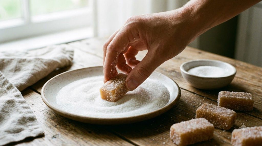 A close-up of a milk candy being rolled in a shallow plate of granulated sugar with several other sugar-coated candies n
