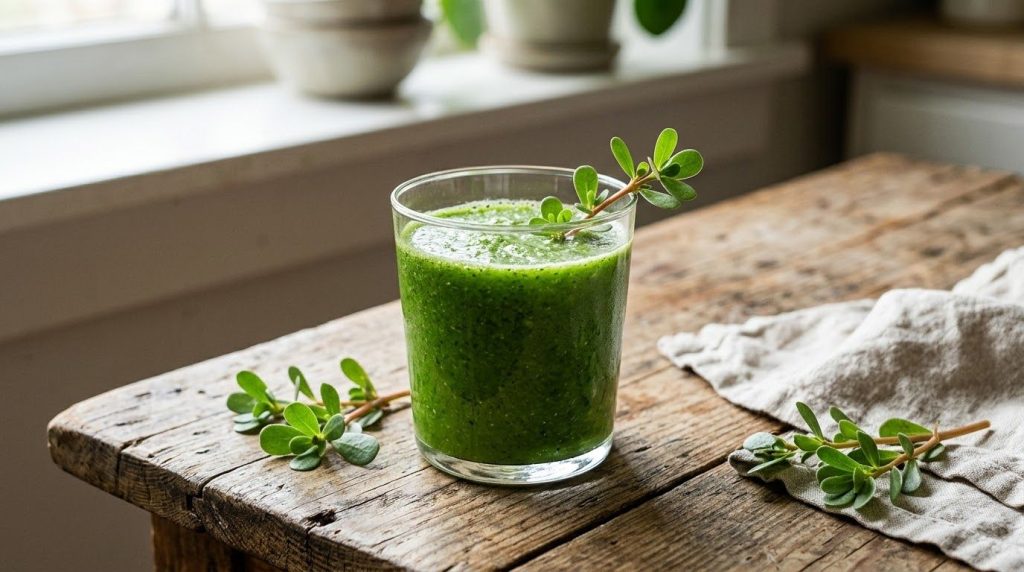 A clear glass of freshly prepared purslane tonic garnished with a small sprig of purslane sitting on a rustic wooden tab