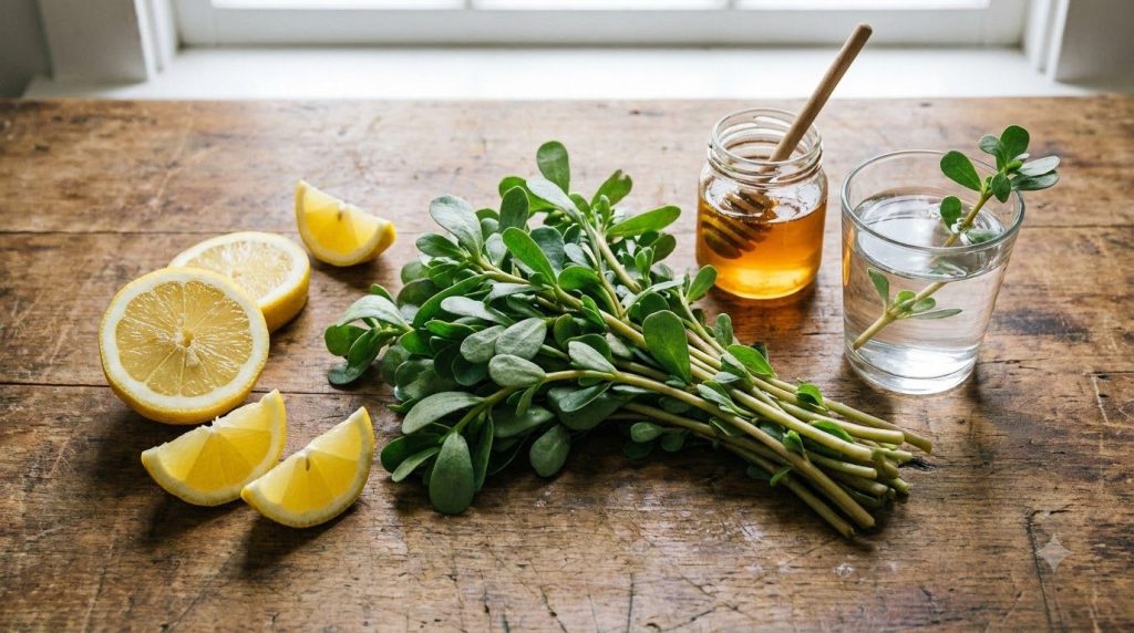 Ingredients for purslane tonic laid out fresh purslane a lemon wedge a jar of honey and a glass of water on a kitchen co