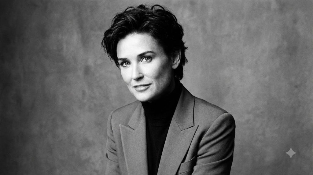 A real publicity photo of Demi Moore from the 1990s showcasing her distinctive facial features and elegant style