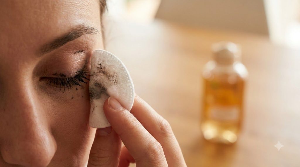 Close-up of a hand gently removing eye makeup with a cotton pad soaked in baby oil