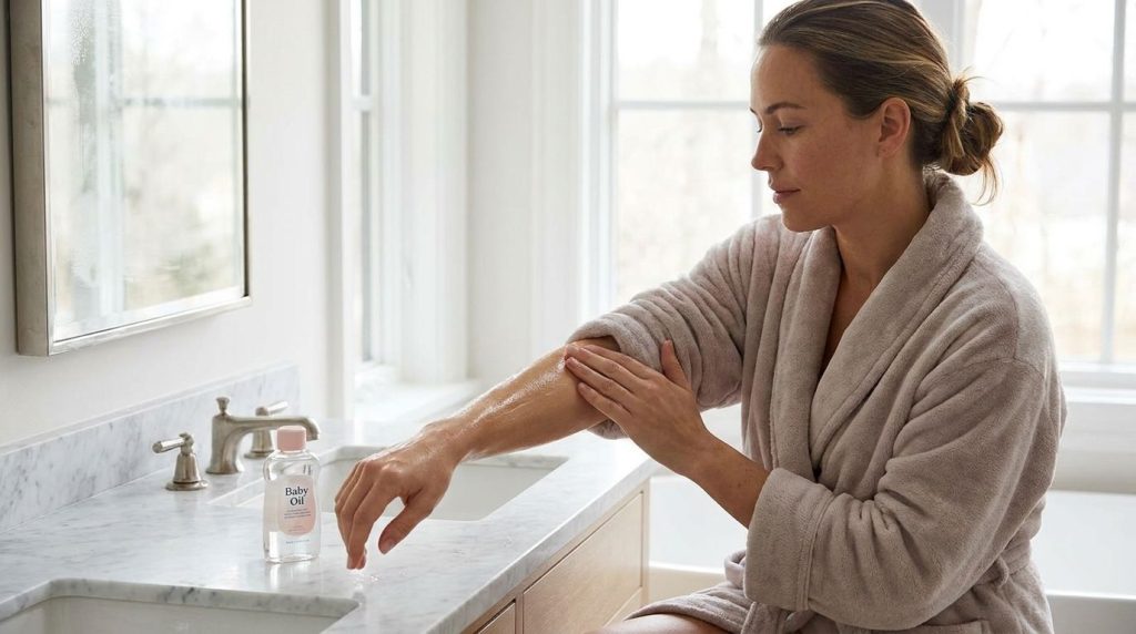 A woman gently massaging baby oil into her arm after a shower showing hydrated skin