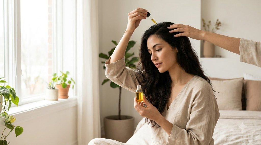 A woman with long dark hair gently massaging a small amount of oil into her scalp with her fingertips demonstrating hair