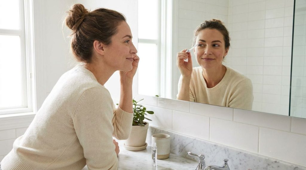 A woman gently applying a clear serum to her eyelashes with a mascara wand focusing on the lash line with soft lighting