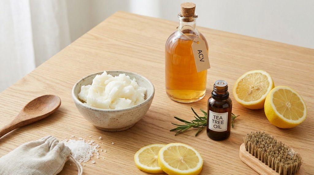Various natural ingredients for nail care laid out on a clean surface including a small bowl of coconut oil a bottle of