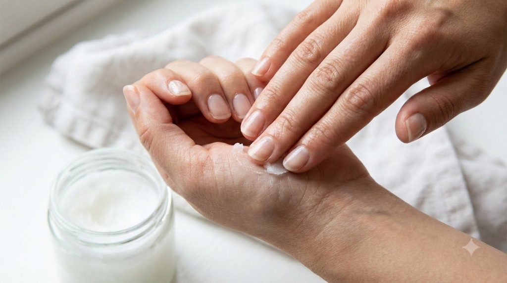 A person gently massaging coconut oil into their fingernails and cuticles Their hands are relaxed and the oil appears to