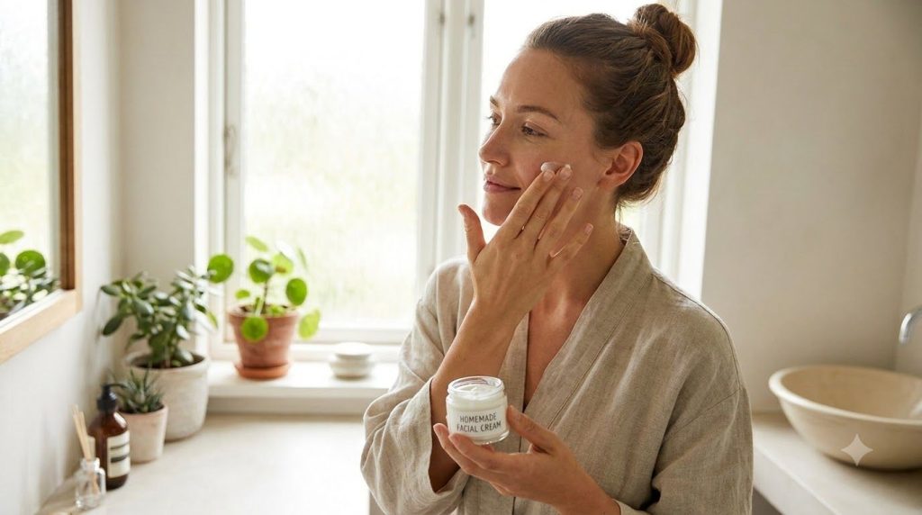 A woman with clean radiant skin gently applying a small amount of the homemade Vaseline cream to her face with her finge