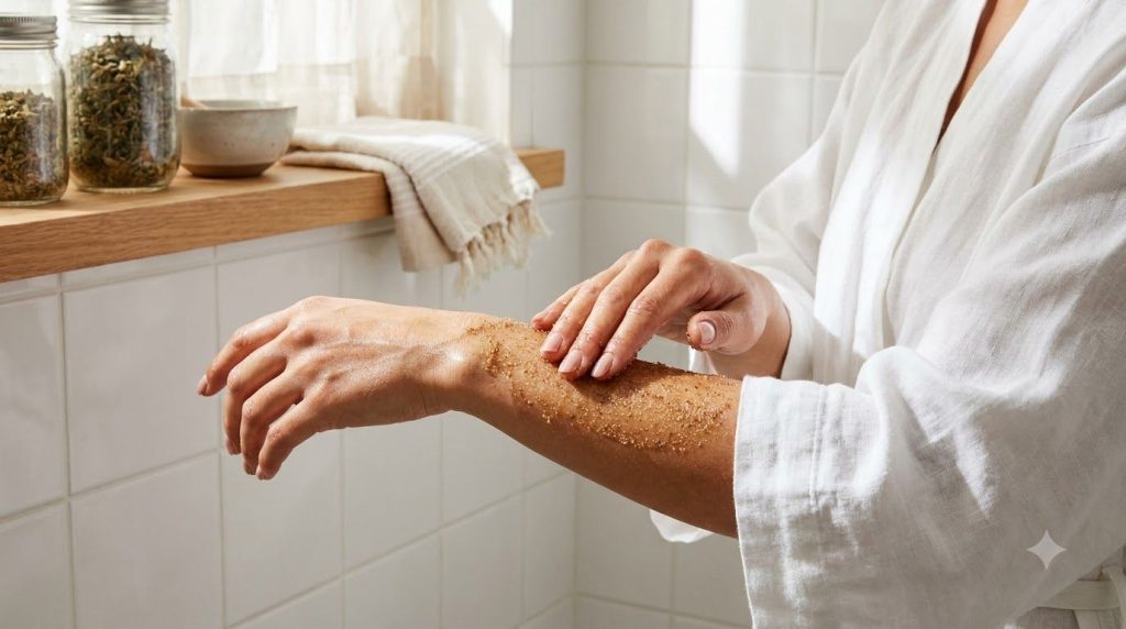 A woman s hands gently exfoliating her arm with a homemade scrub showing soft moisturized skin The setting is bright and