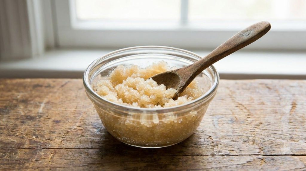 A close-up of a DIY baby oil and sugar scrub in a small glass bowl with a spoon for mixing set against a simple clean ba