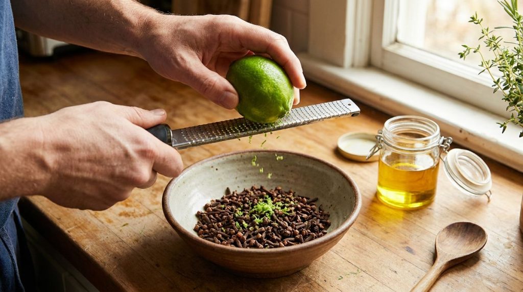 A close-up shot of hands zesting a fresh lime over a bowl of whole cloves preparing for oil infusion