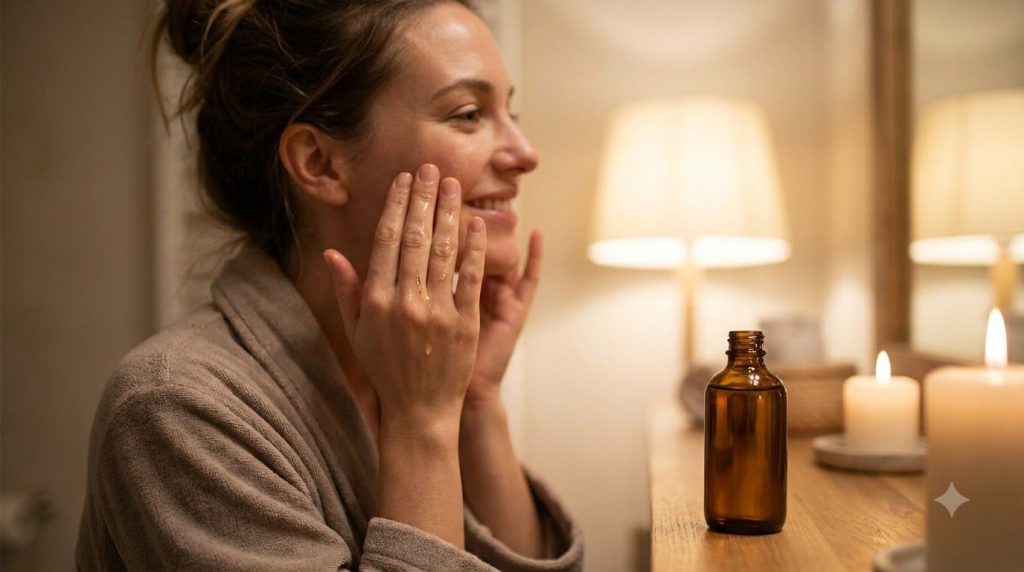 A woman gently massaging a small amount of oil onto her face in an evening skincare routine soft focus