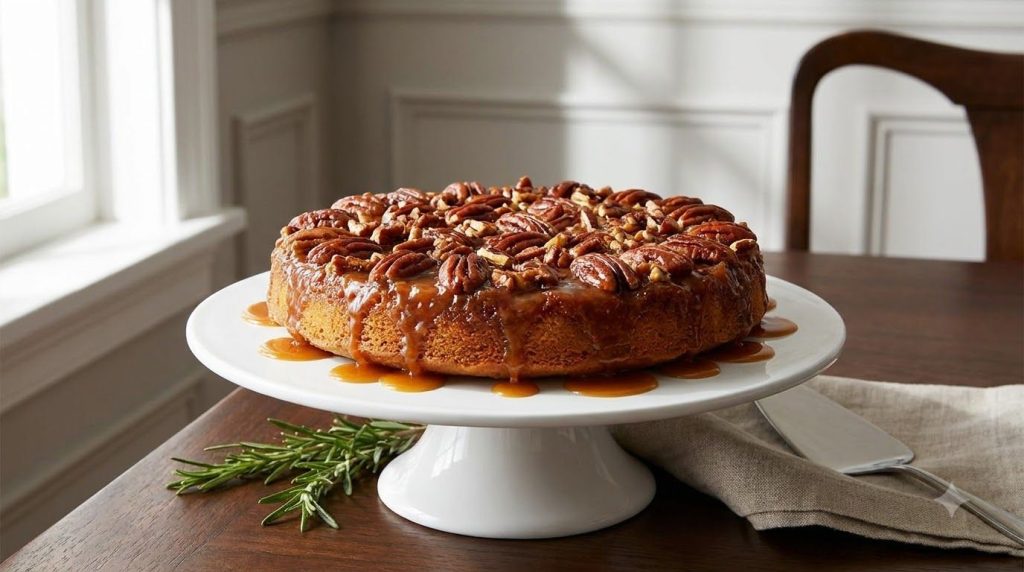 A decadent caramel pecan upside-down cake still warm and glossy with a rich caramel sauce and crunchy pecans presented o