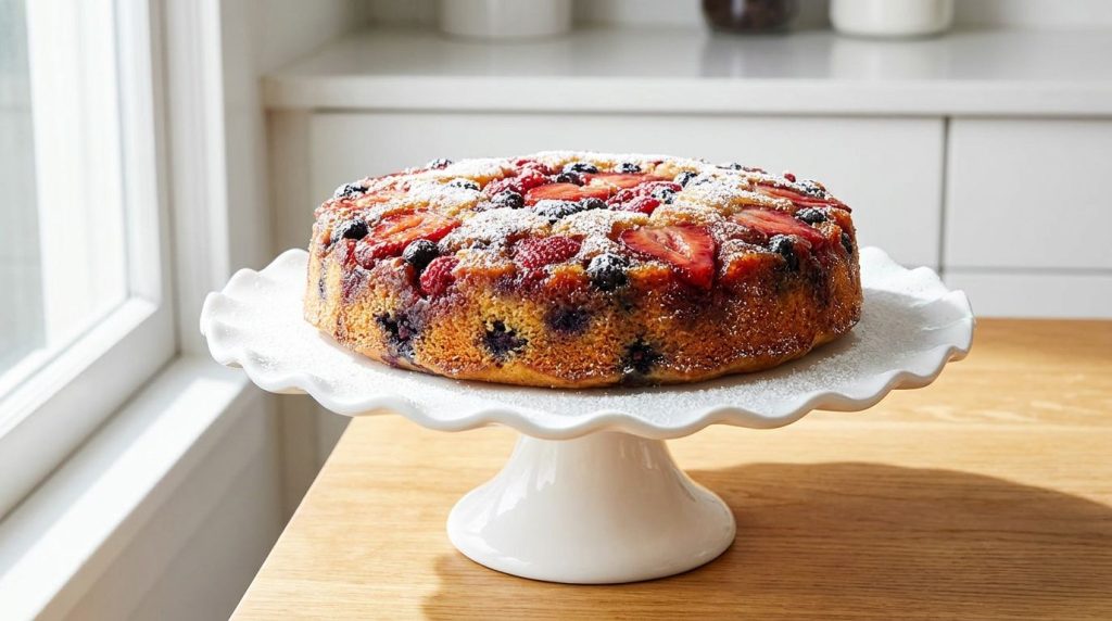 A vibrant mixed berry upside-down cake featuring a colorful array of strawberries blueberries and raspberries set in a g