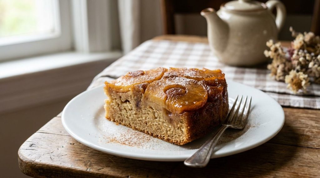 A warm slice of apple cinnamon upside-down cake on a white plate showcasing tender caramelized apple slices and a hint o