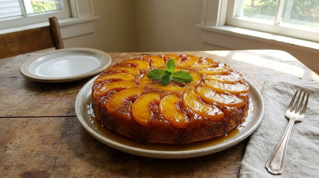 A rustic peach ginger upside-down cake with perfectly arranged tender peach slices and a warm inviting glow on a weather