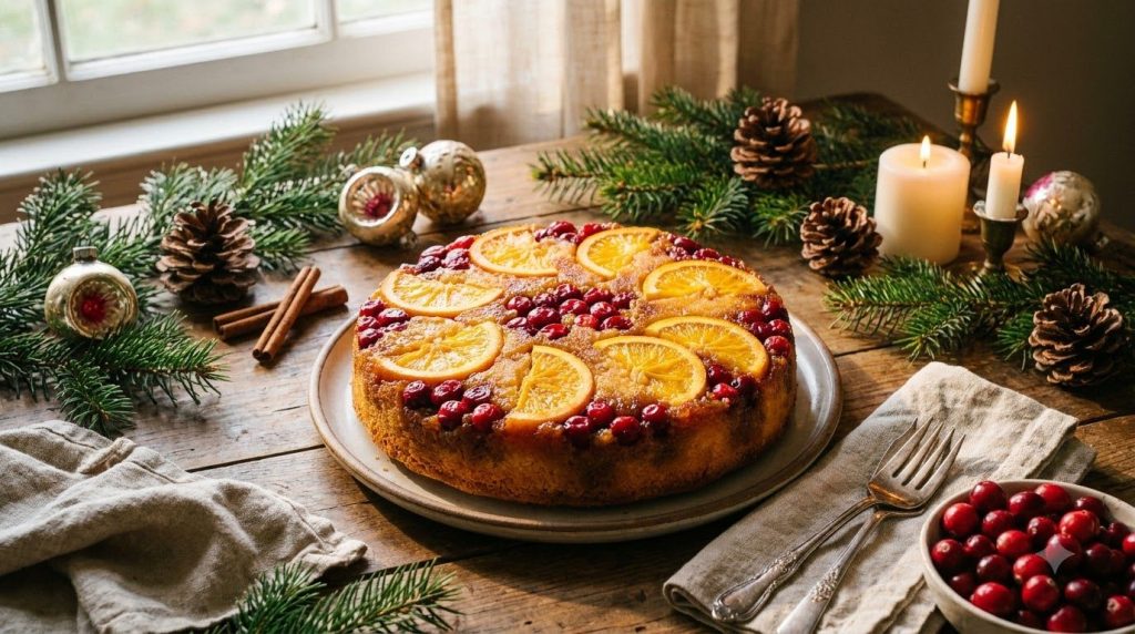 A festive cranberry orange upside-down cake showing vibrant red cranberries and bright orange slices baked into a golden